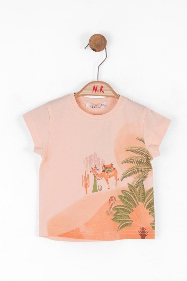 Baby Girl Desert Patterned Cotton Short Sleeve T-Shirt 38615 Salmon