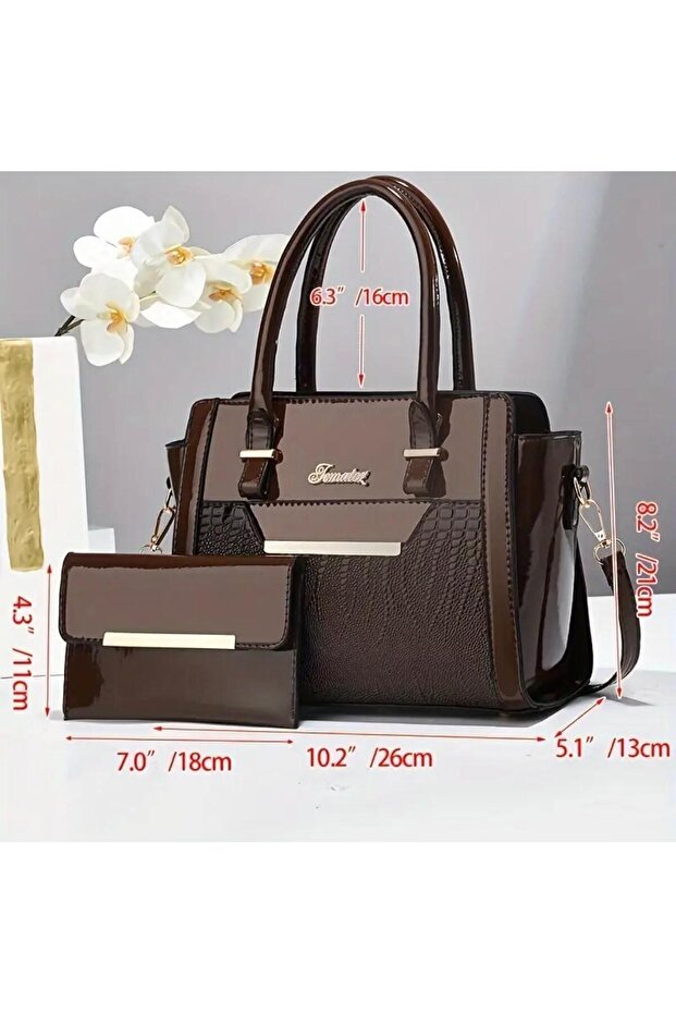 Set of Two Crocodile textured print Shiny Tote Bag and Wallet - 2
