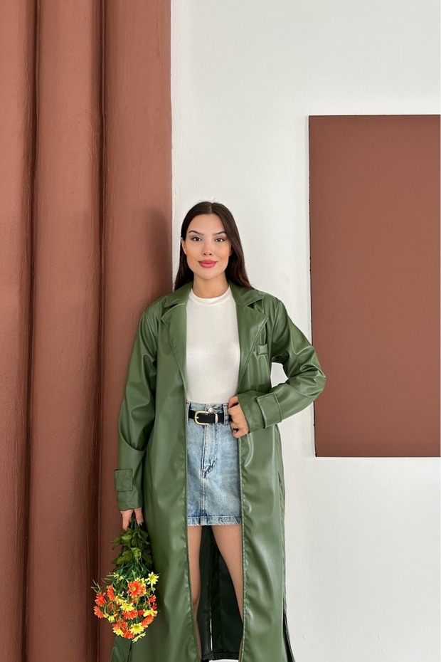 Cep Detaylı Deri Trençkot - 1