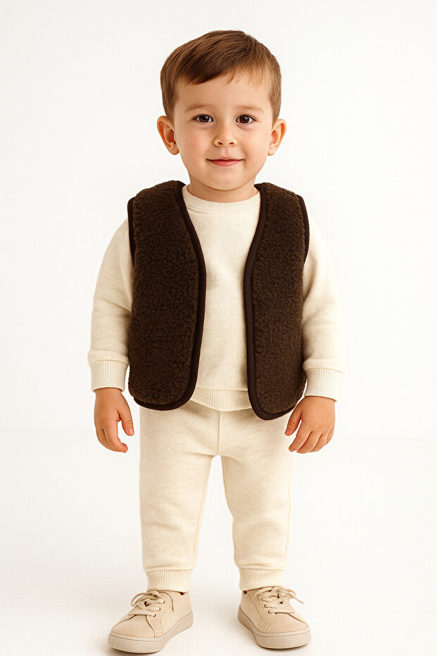 Teddy Peluş Unisex Yelek -Kahve - 3