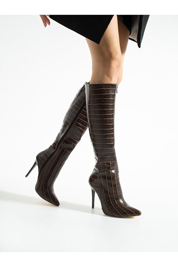Loretta Brown Crocodile Below-The-Knee Thin Heeled Women's Boots