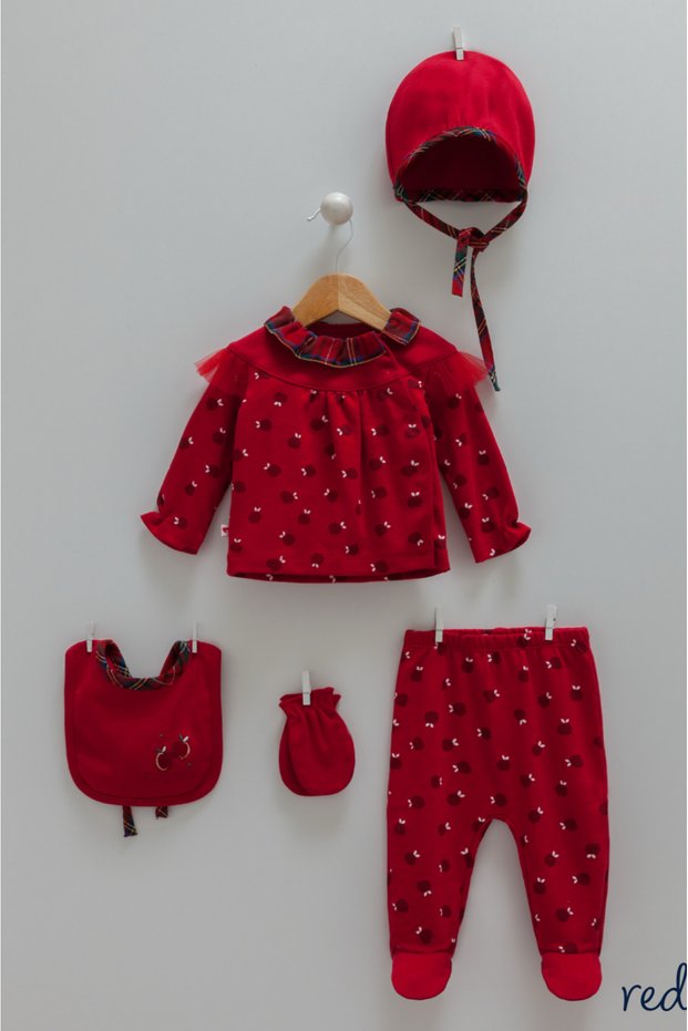 Christmas Themed Red Baby Girl 5-Piece Hospital Discharge Set (1-3 Months) 100% Cotton