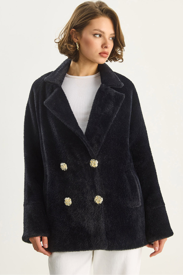 Women's Black Stylish Button Detailed Pocketed Lined Oversize Plush Coat 0306 60283614