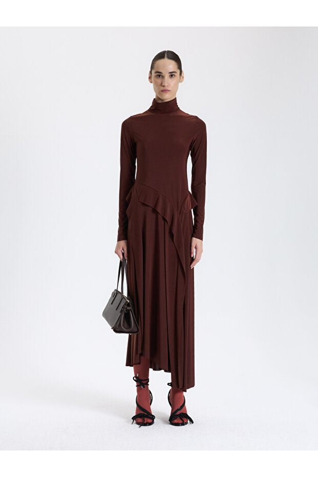 Pudra Drapeli Uzun Elbise - 1