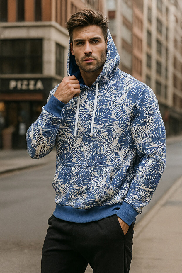 Men's Patterned Pocket Detailed Basic Hooded Oversize Sweatshirt - 3