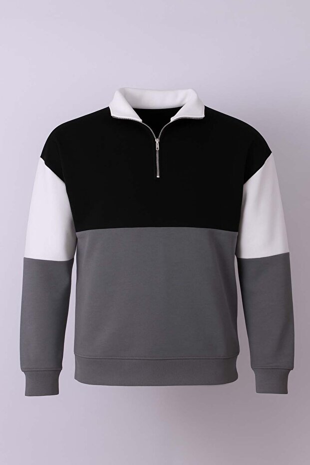 Half Zipper Segmented 3 Thread Raised Open Khaki Men's Sweatshirt 5719 - 1