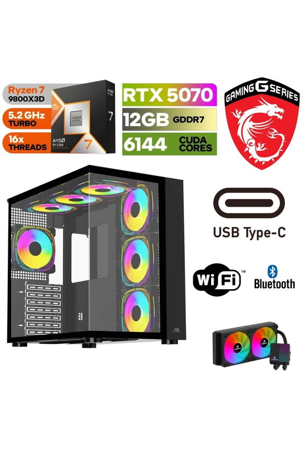 GAMİNG DDR5-RTX 5070 12GB-RYZEN 7 9800X3D-32GB DDR5 RAM-1 TB M.2 SSD-SIVI SOGUTMALI-WİN11PRO - 1