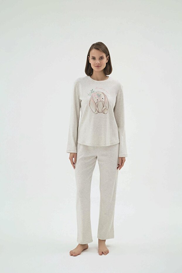 Women's Beige Melange Long Sleeve Crew Neck Printed Pajama Set C0T2N271