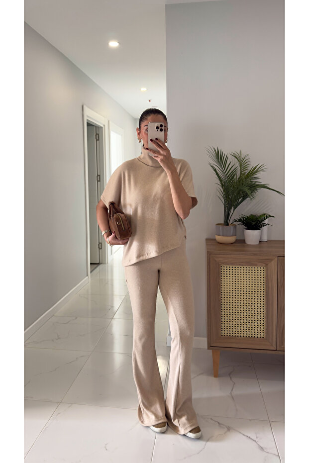 Dlvin Sia Beige Asymmetrical Cut Knitted Pants Set