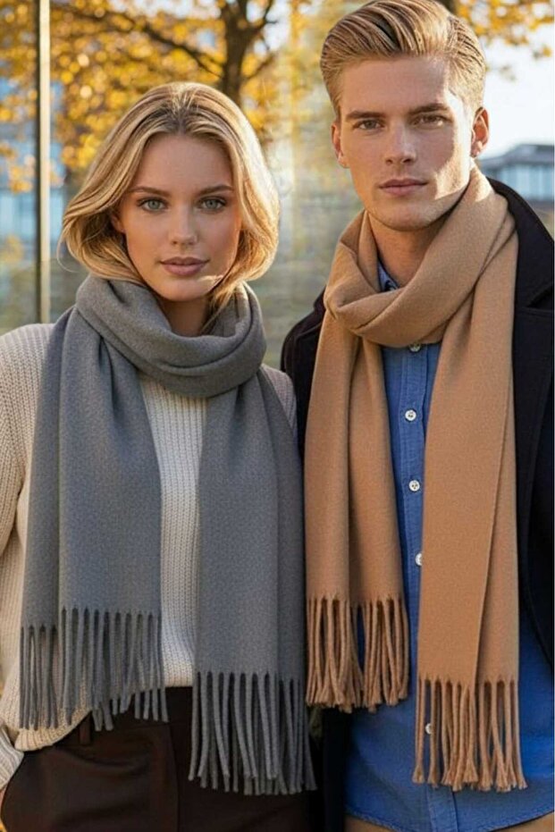 Unisex Soft Textured Tasseled Winter Boucle Scarf Shawl Set of 2