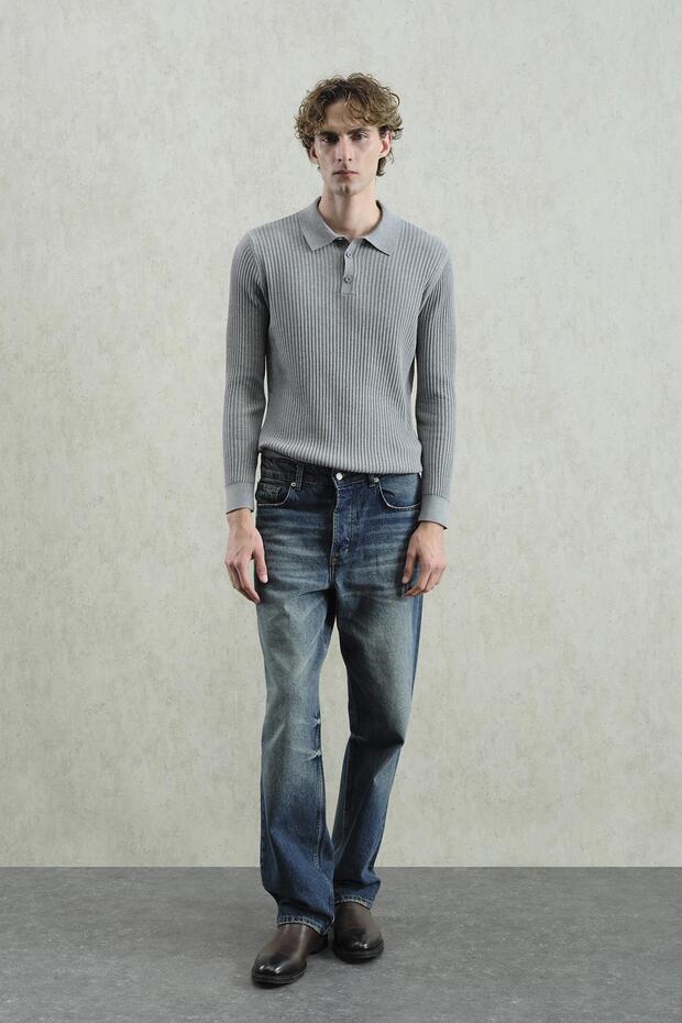 Men's Slim Fit Buttoned Polo Collar Knitwear Gray T-Shirt