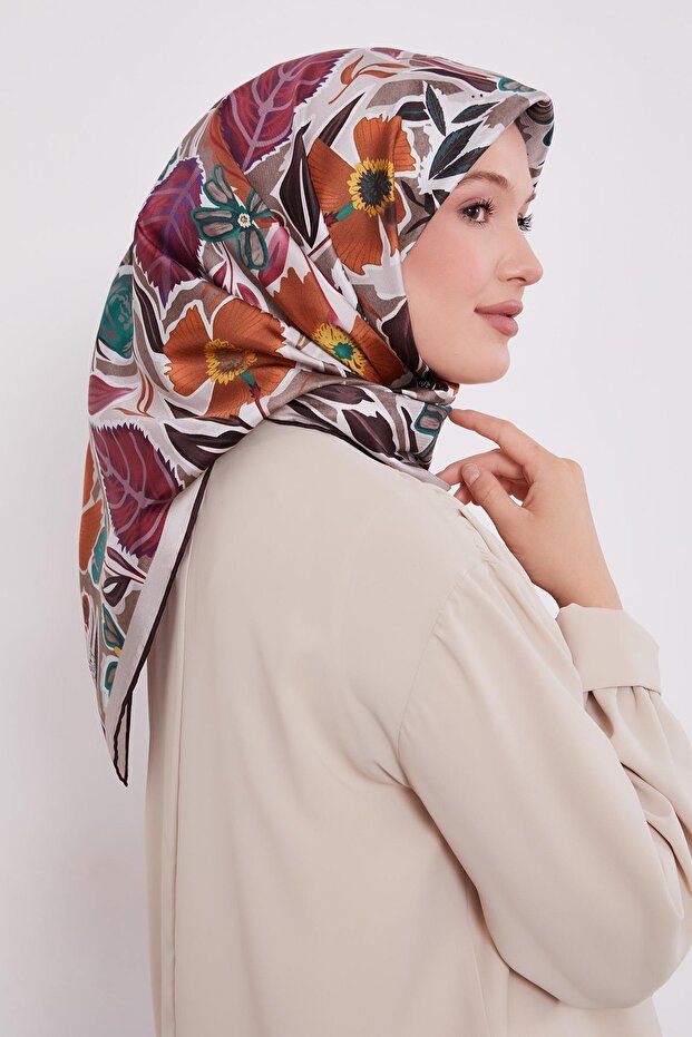 Gray Petunia Pattern Twill Silk Scarf - 2