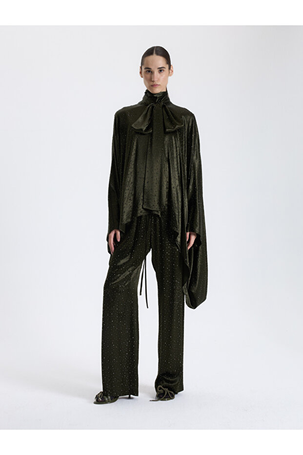 Haki Taş İşlemeli Drapeli Bluz - 2