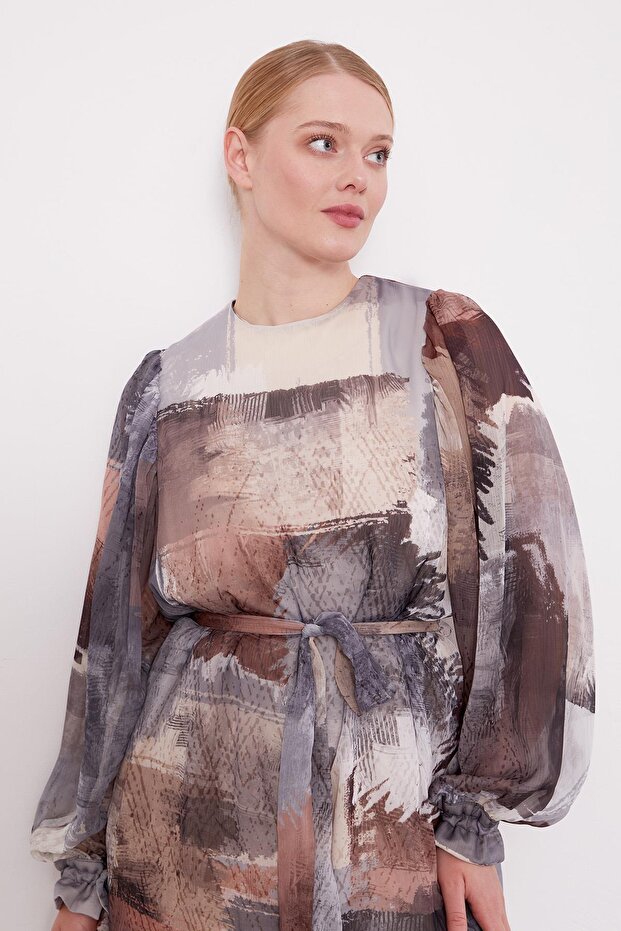 Gray Mixed Brush Pattern Chiffon Tunic - 4