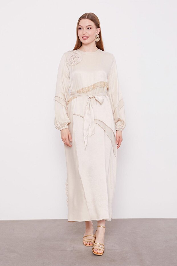 AÇIK BEJ Dantel Şeritli Cupra Elbise - 1