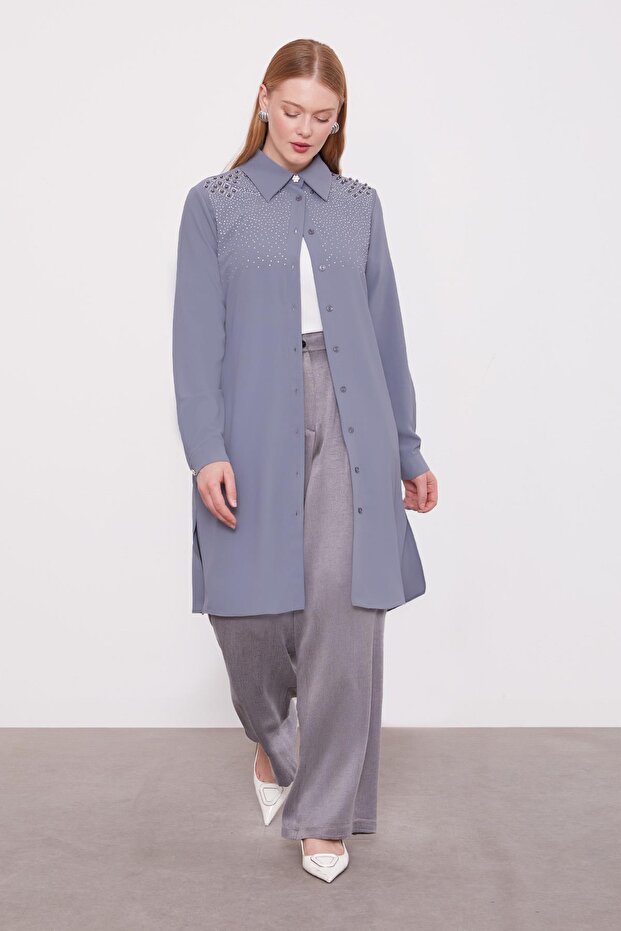 تونيك أنثراسيت مزين بحجر مربع على الكتف - 2