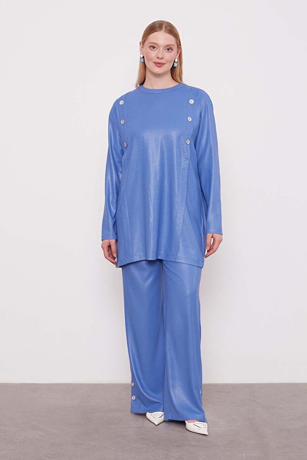 Indigo Button Detailed Crew Neck Two-Piece Set