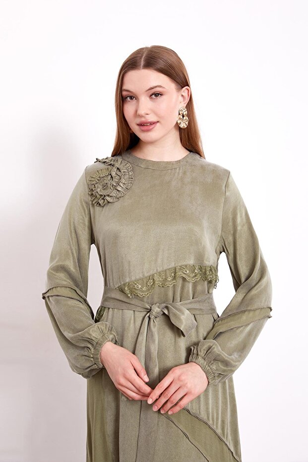 Yeşil Dantel Şeritli Cupra Elbise - 3