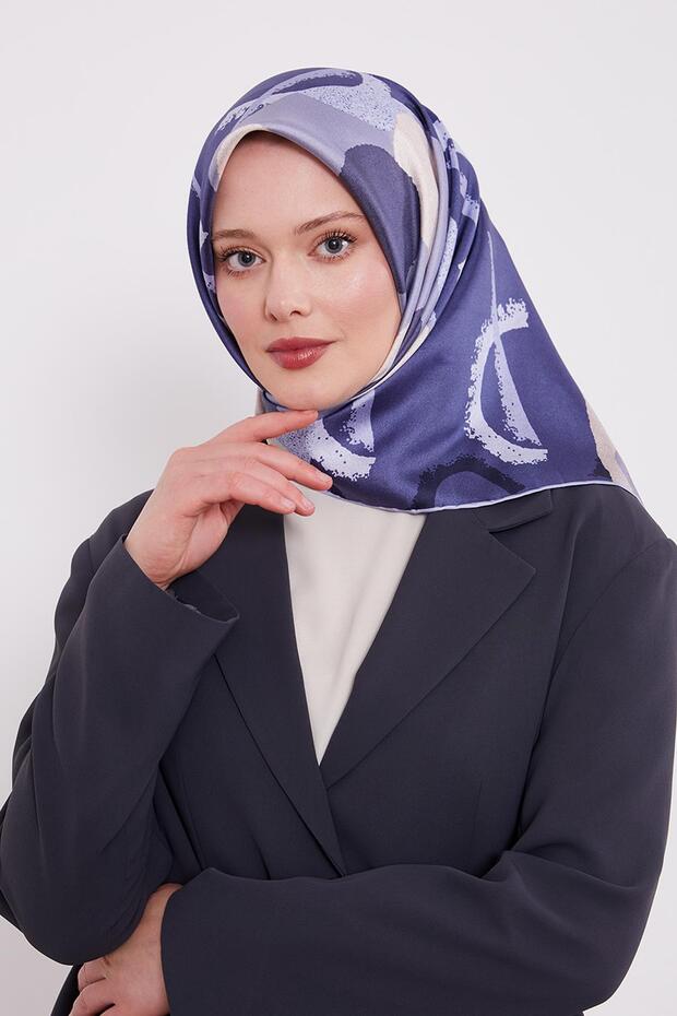 Blue Round Pattern Twill Silk Scarf - 2