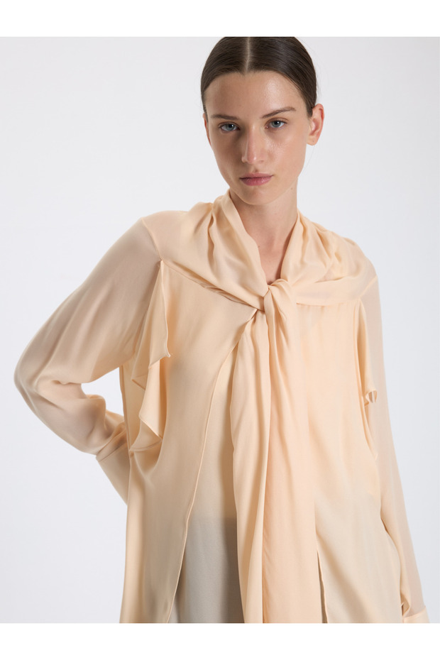 Krem Drapeli Bağlamalı Bluz - 5