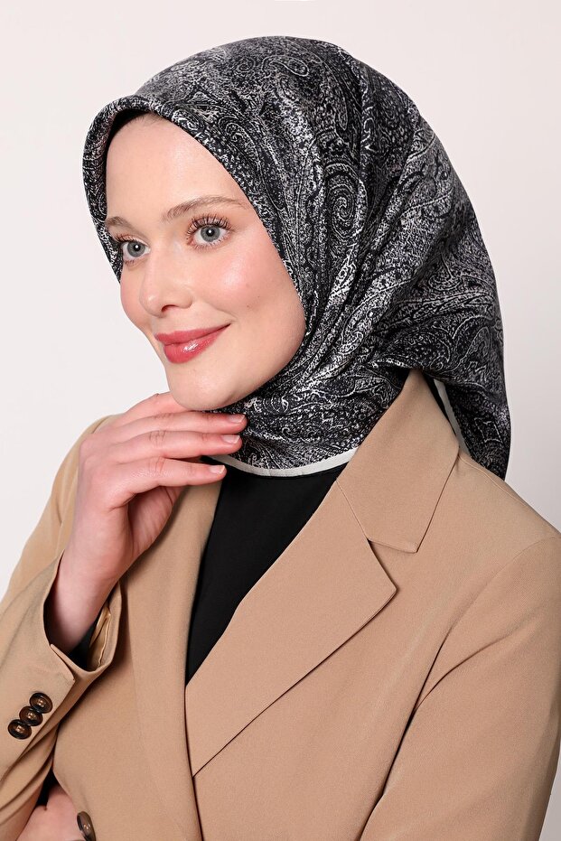 أزرق داكن - وشاح حريري بنمط عرقي تجريدي من قماش التويل
