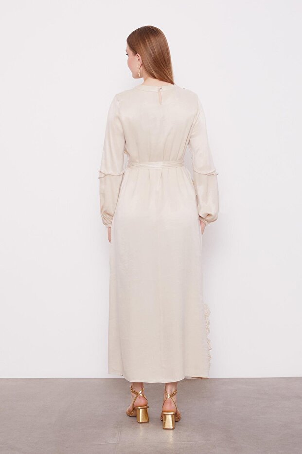 AÇIK BEJ Dantel Şeritli Cupra Elbise - 6