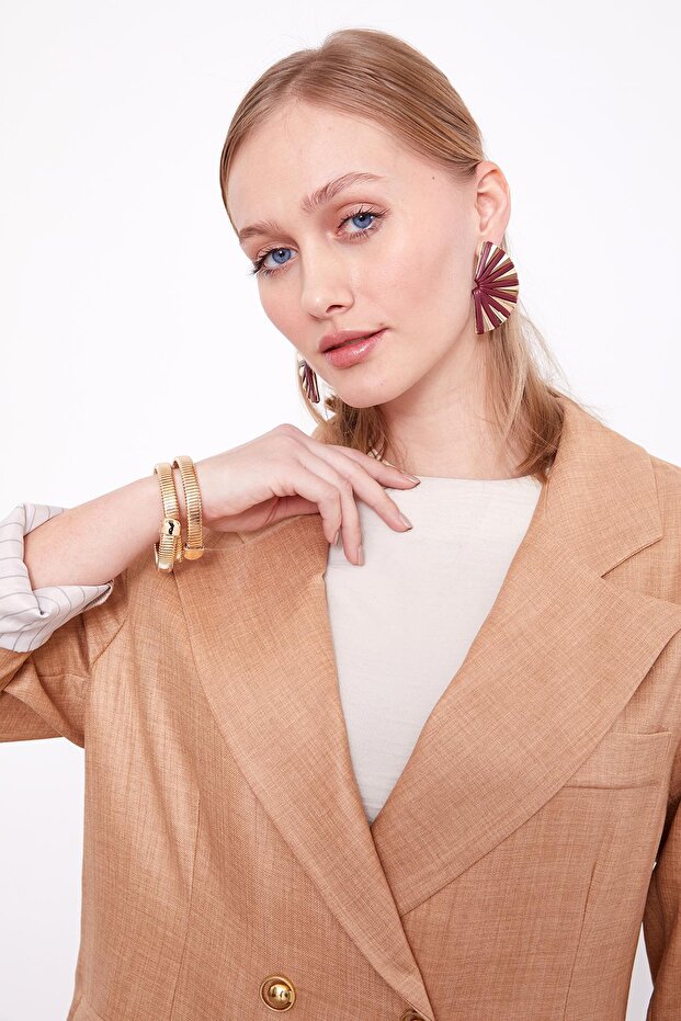 Camel Self-Patterned Snap Closure Jacket Set - 4