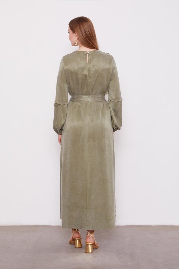 Yeşil Dantel Şeritli Cupra Elbise - 4