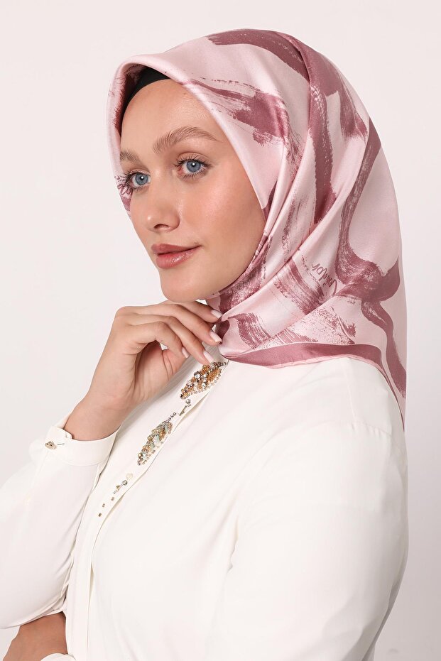 وشاح حريري بنمط فرشاة وردية اللون - 1