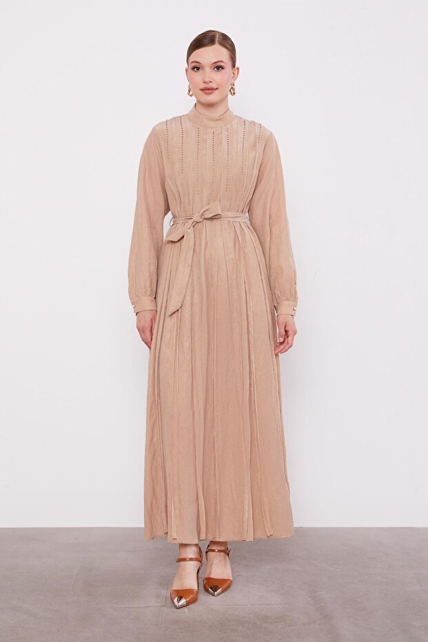 Beige Waist-Tie Pleated Detail Cupra Dress