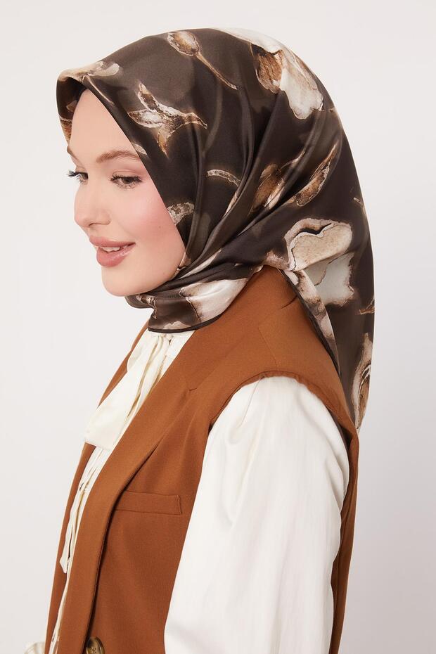 Dark Brown Lotus Flower Twill Silk Scarf