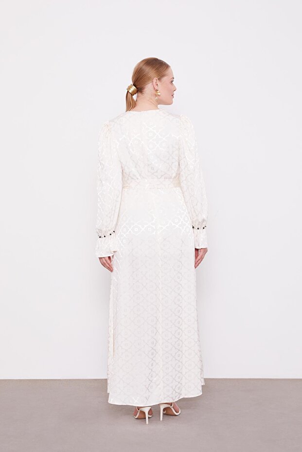 Ekru Yonca Desen Elbise - 6