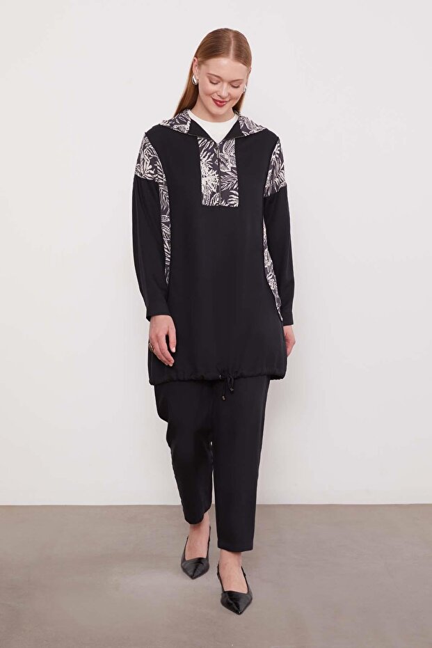 Black Leaf Patterned Cupra Double Set - 2