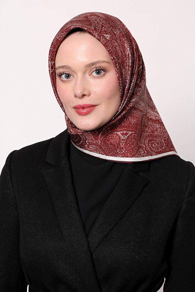 Kırmızı Soyut Etnik Desen Twill İpek Eşarp - 3