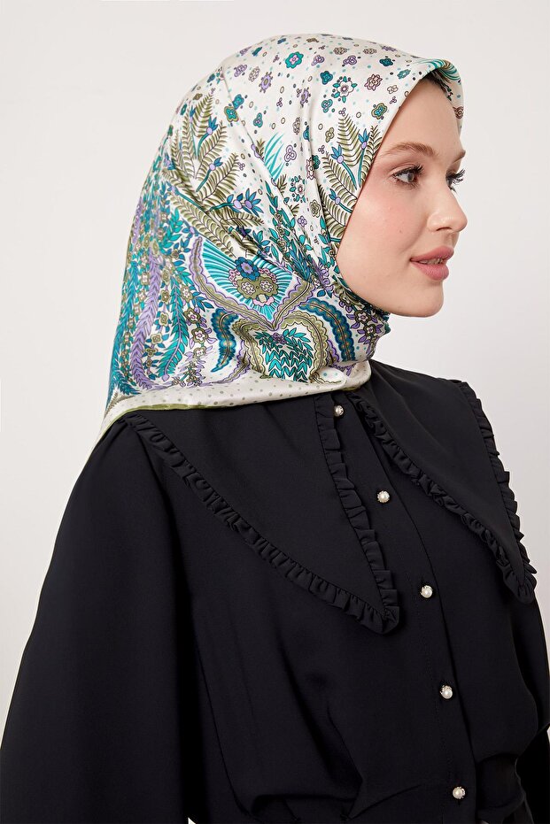 وشاح حريري بنمط أوراق العشب الأخضر - 3