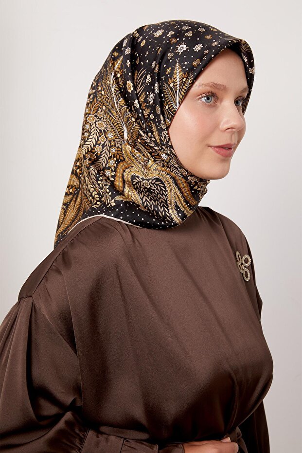 Black Leaf Pattern Twill Silk Scarf - 2