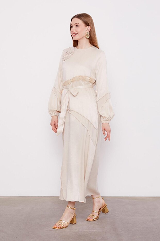 AÇIK BEJ Dantel Şeritli Cupra Elbise - 2