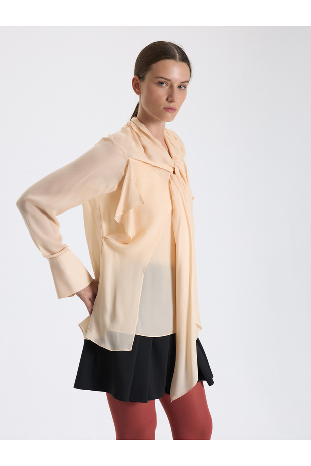 Krem Drapeli Bağlamalı Bluz - 2