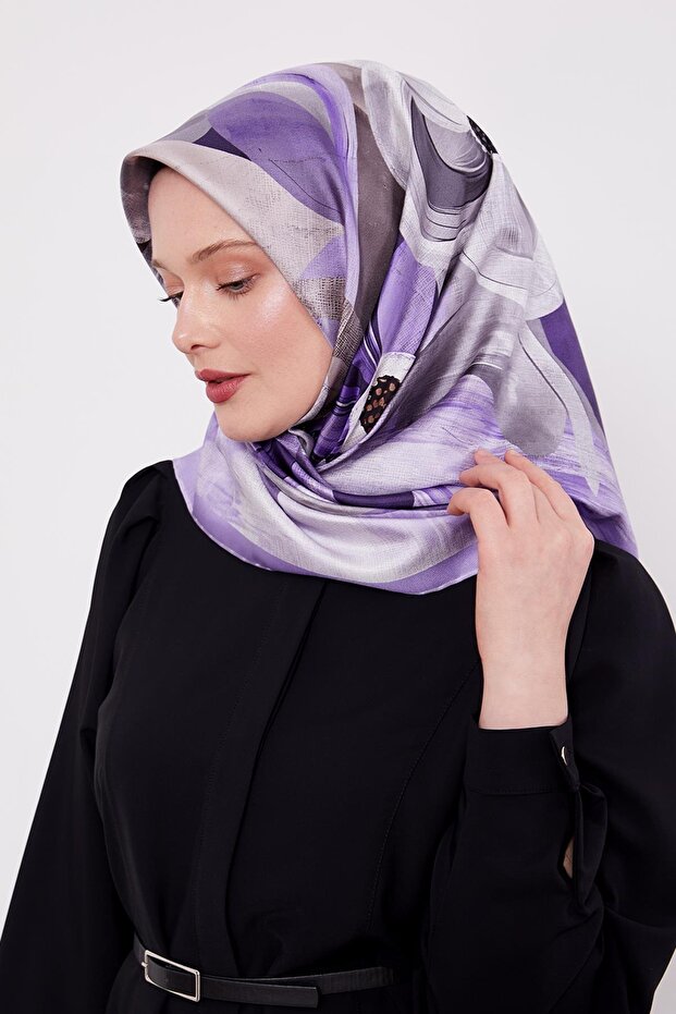 Lilac Violet Pattern Twill Silk Scarf - 2