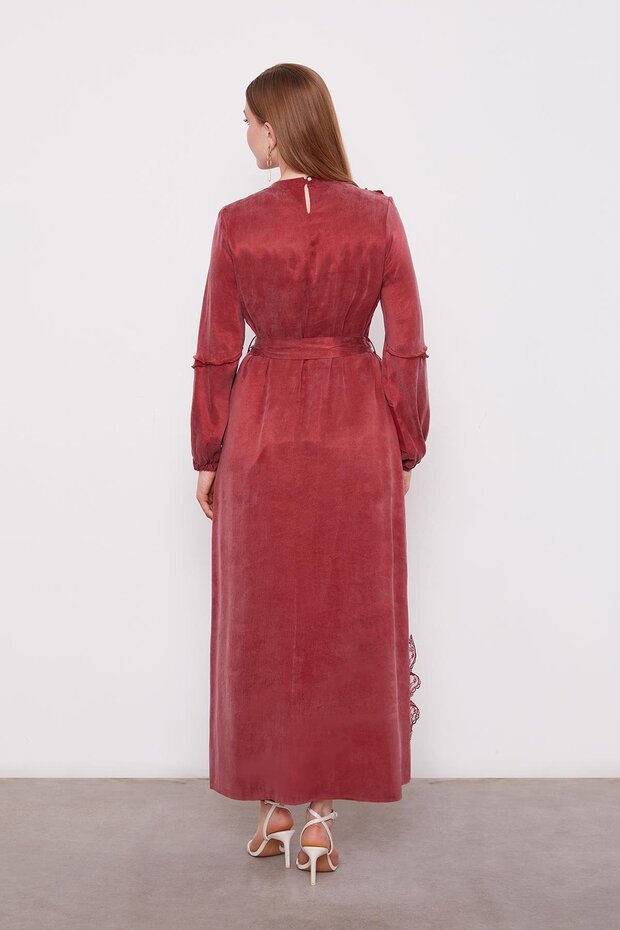 Bordo Dantel Şeritli Cupra Elbise - 4