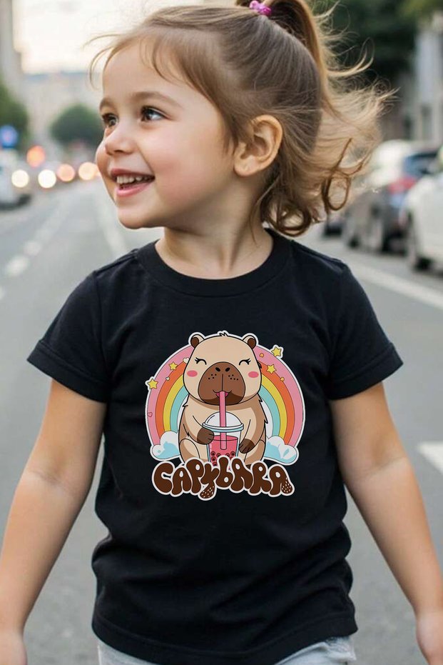 Capybara Pattern Printed Children's Black and White Tshirt