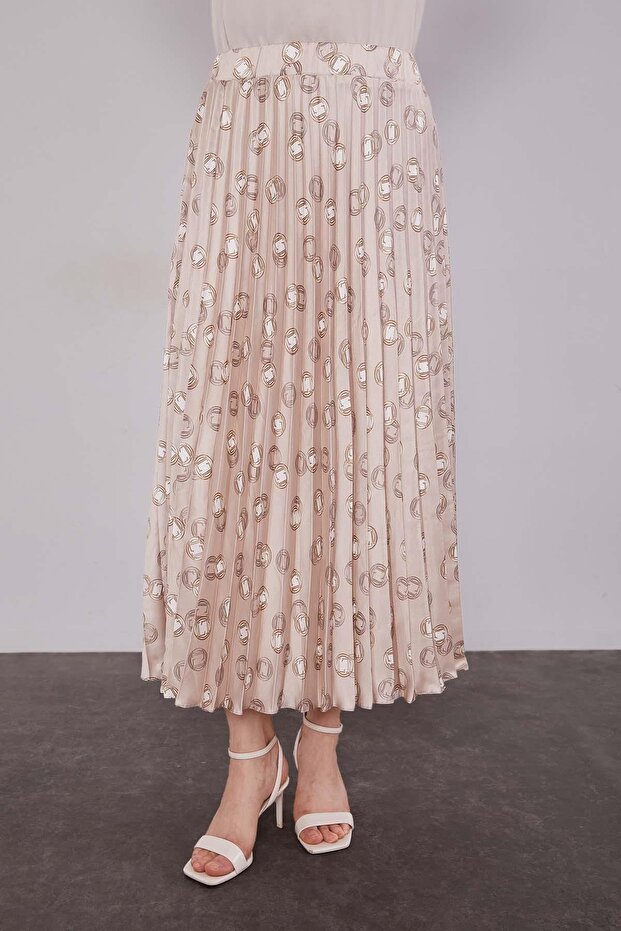 طقم تنورة منقوشة مطوية باللون البيج - 3