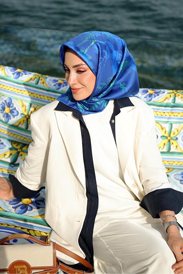 Navy Blue Abstract Rose Pattern Twill Silk Scarf