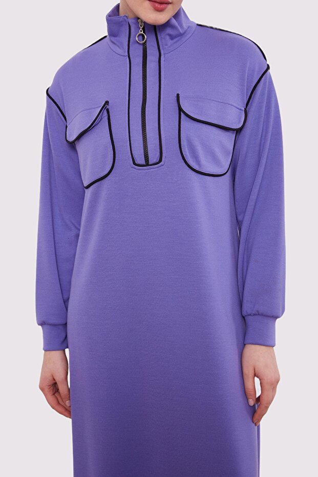 Mor Çizgi Cep Detaylı Elbise - 5