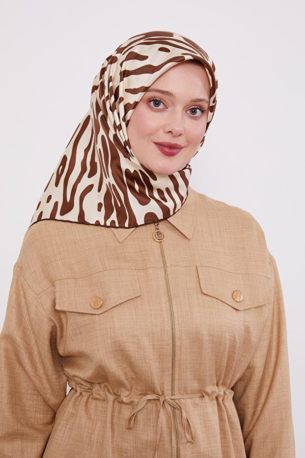 Kahve Leopar Desen Twill İpek Eşarp - 4