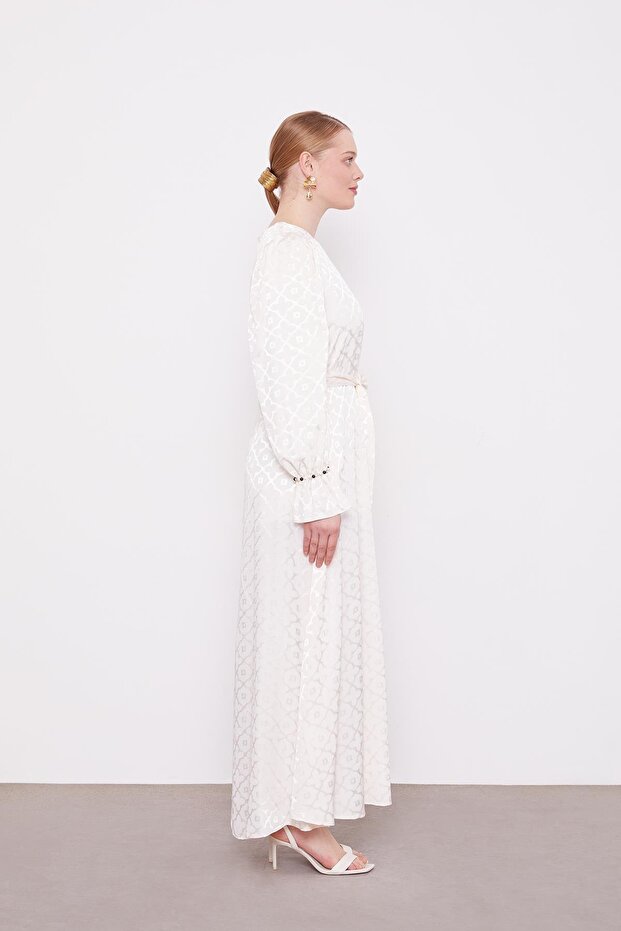 Ekru Yonca Desen Elbise - 2