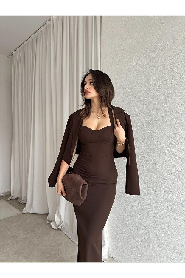 ERLİNG Midi Elbise & Ceket 8451 - Acı Kahve - 1