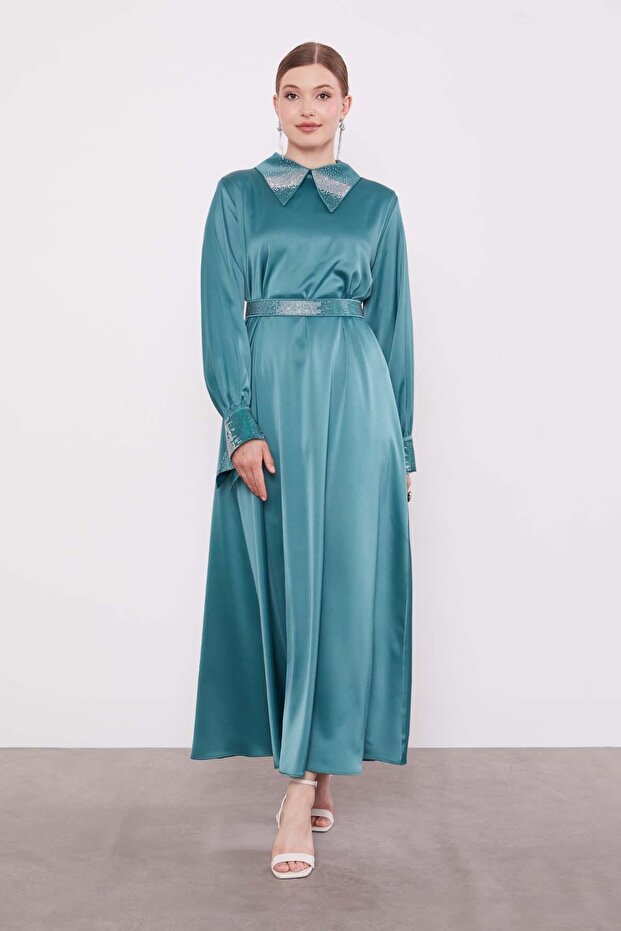 Green Stone Detailed Satin Dress