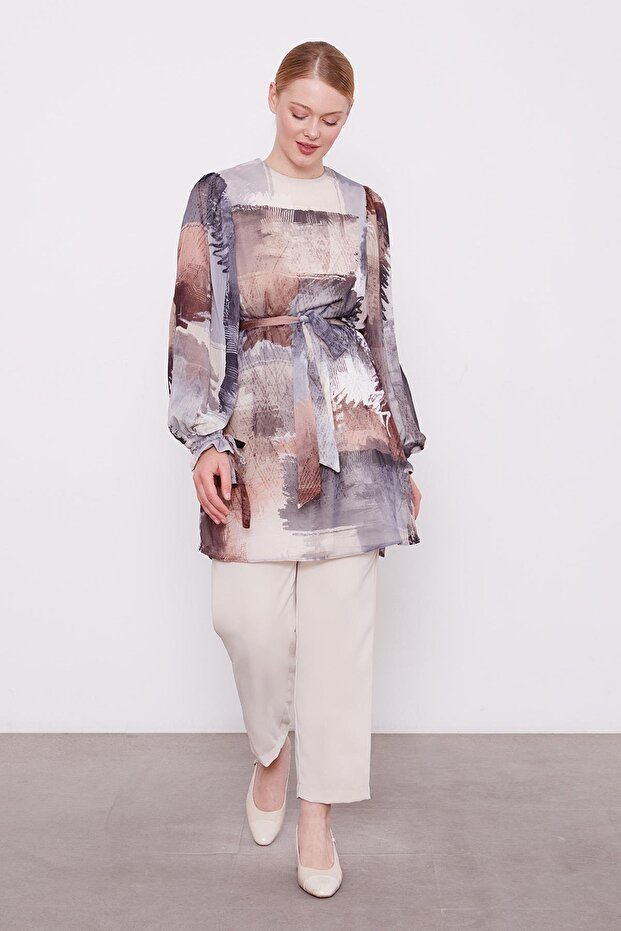 Gray Mixed Brush Pattern Chiffon Tunic - 2