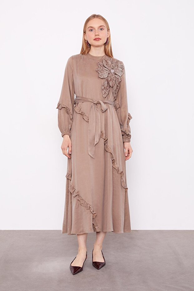 Oil Green Collar Flower Detailed Cupra Dress